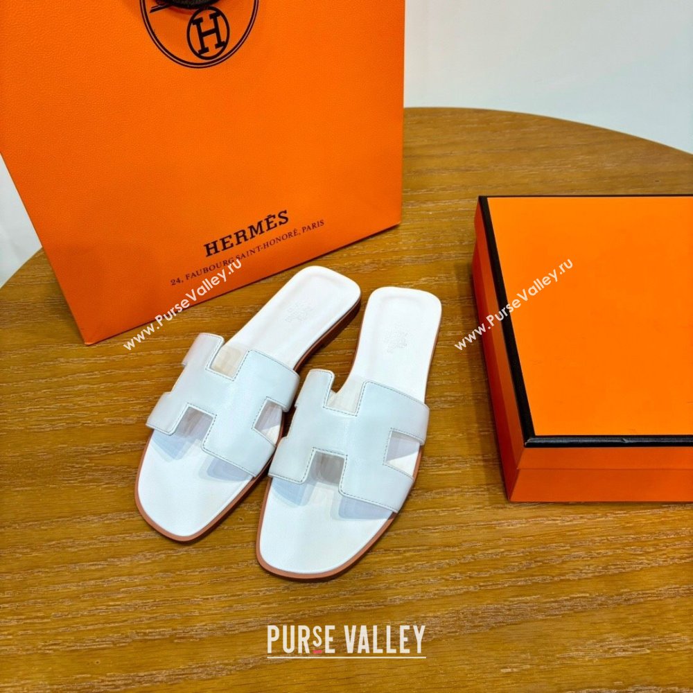 Hermes Oran Classic Swift Calfskin Flat Slide Sandals White 2024(Handmade) (MDU-24062612)