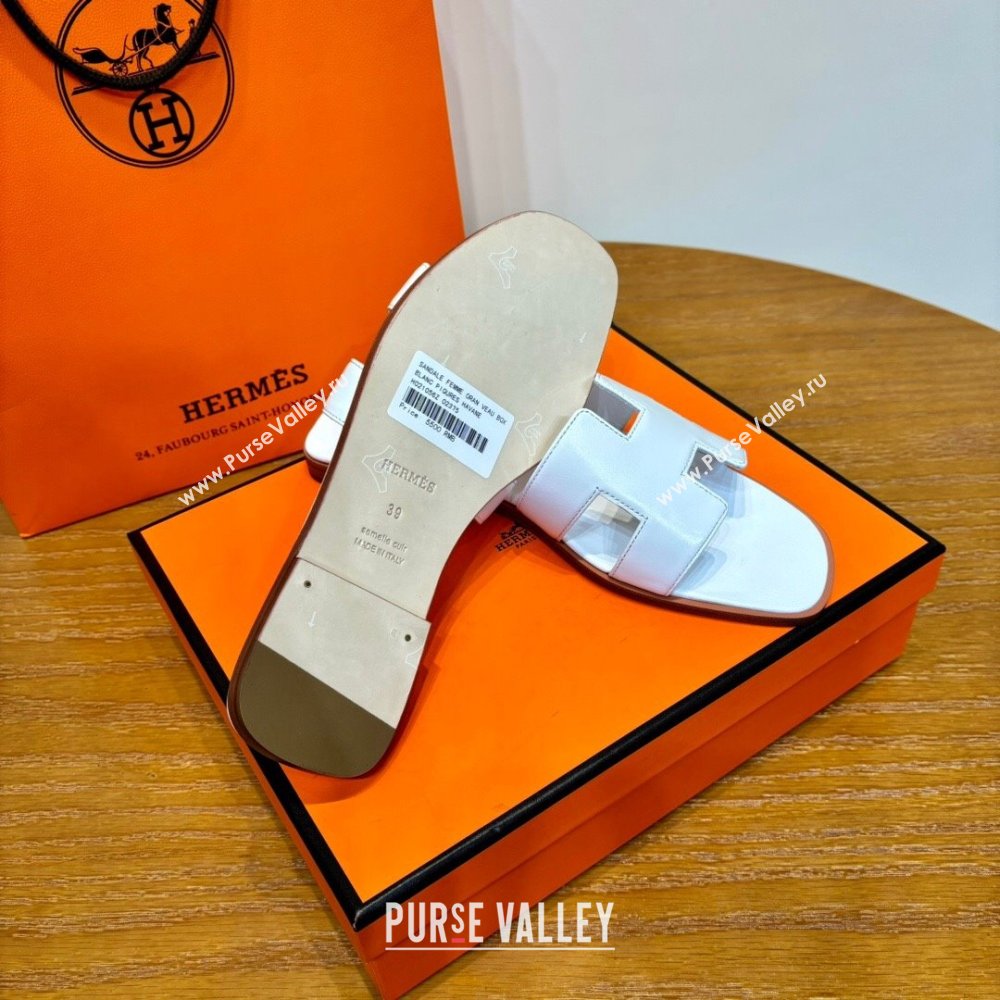 Hermes Oran Classic Swift Calfskin Flat Slide Sandals White 2024(Handmade) (MDU-24062612)