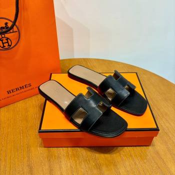 Hermes Oran Classic Swift Calfskin Flat Slide Sandals Tan/Black (Handmade) (MDU-24062614)