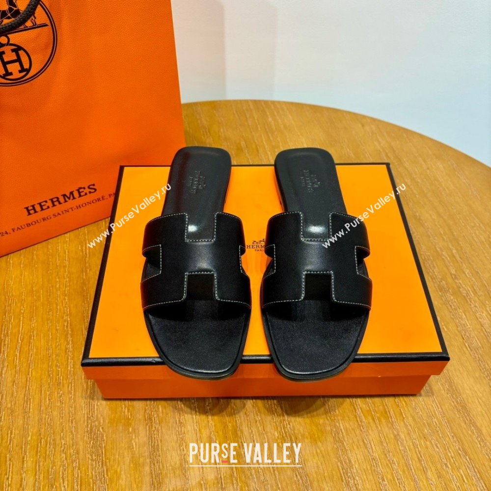 Hermes Oran Classic Swift Calfskin Flat Slide Sandals Black 2024 (Handmade) (MDU-24062615)