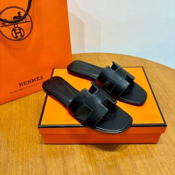 Hermes Oran Classic Swift Calfskin Flat Slide Sandals Black 2024 (Handmade) (MDU-24062615)