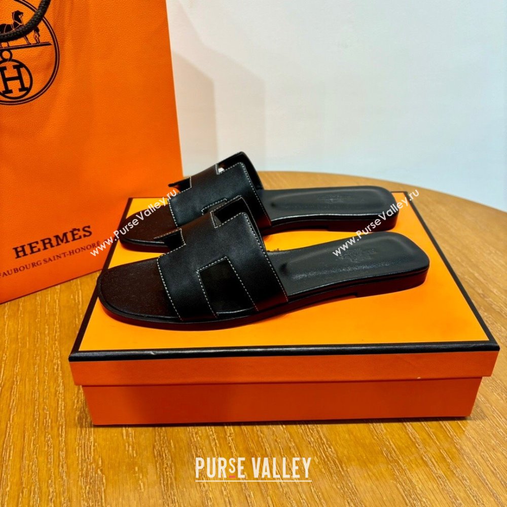 Hermes Oran Classic Swift Calfskin Flat Slide Sandals Black 2024 (Handmade) (MDU-24062615)