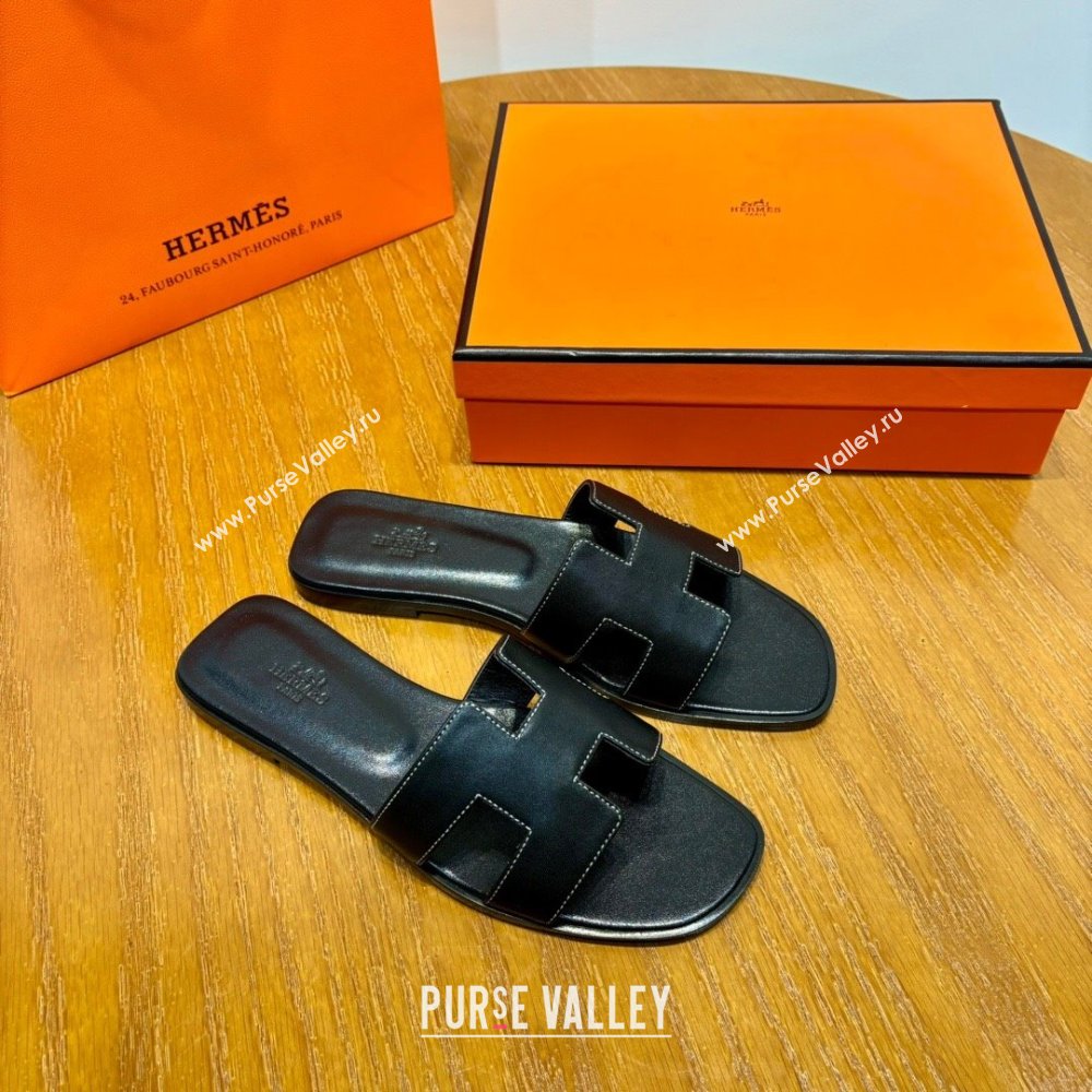 Hermes Oran Classic Swift Calfskin Flat Slide Sandals Black 2024 (Handmade) (MDU-24062615)