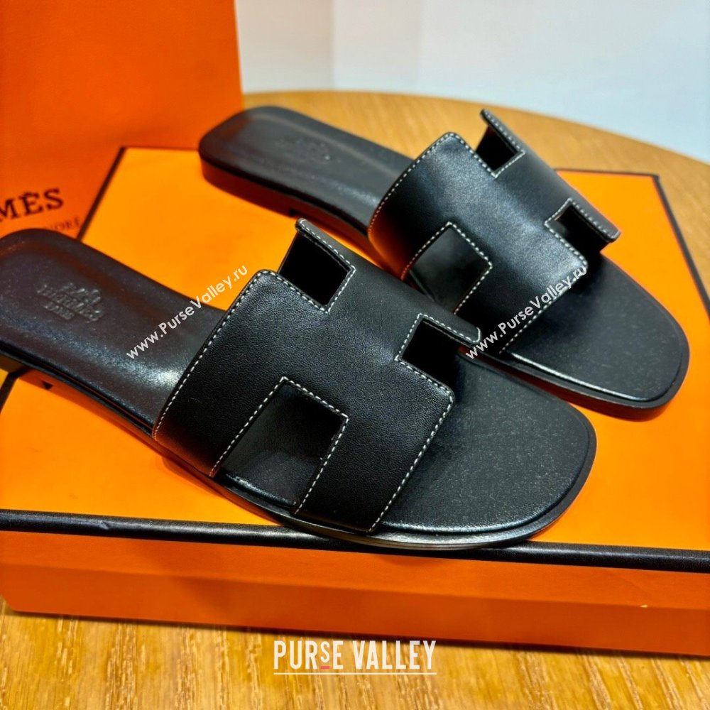 Hermes Oran Classic Swift Calfskin Flat Slide Sandals Black 2024 (Handmade) (MDU-24062615)