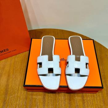 Hermes Oran Classic Swift Calfskin Flat Slide Sandals Tan/White2024(Handmade) (MDU-24062613)