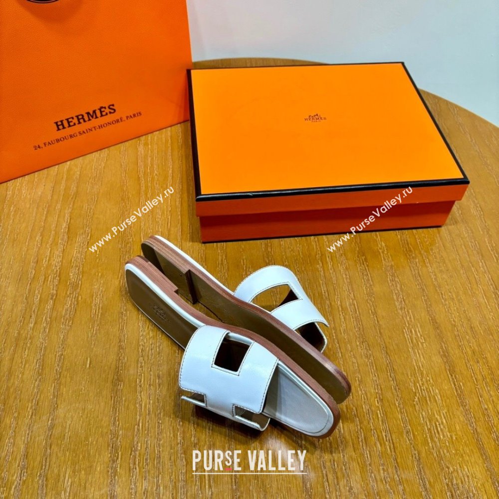 Hermes Oran Classic Swift Calfskin Flat Slide Sandals Tan/White2024(Handmade) (MDU-24062613)