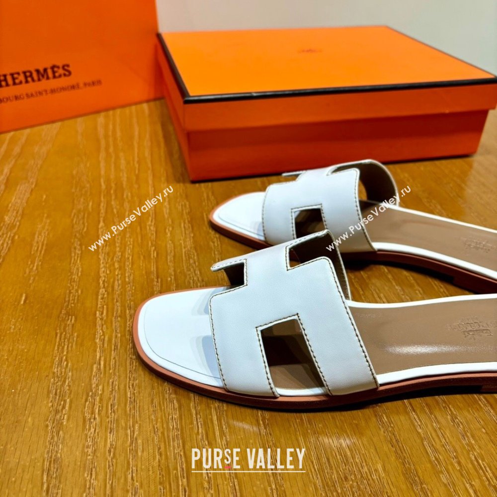 Hermes Oran Classic Swift Calfskin Flat Slide Sandals Tan/White2024(Handmade) (MDU-24062613)