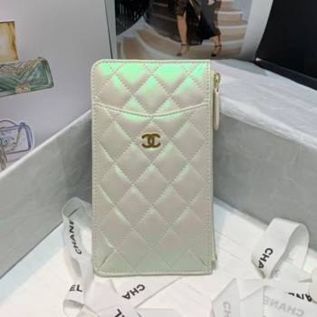 Chanel Quilted Iridescent Lambskin Phone & Card Holder Wallet White/Pink 2020 (JY-20112075)