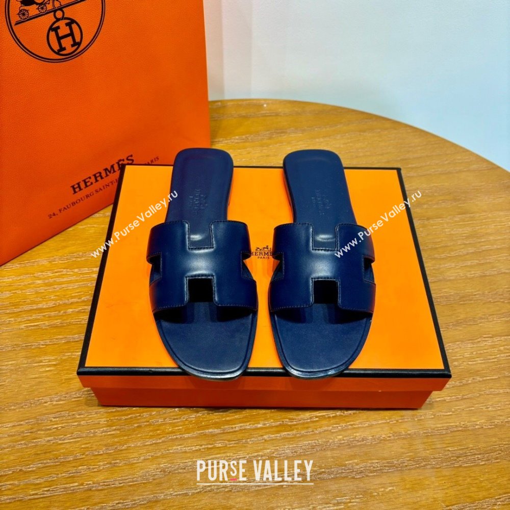 Hermes Oran Classic Swift Calfskin Flat Slide Sandals Deep Blue 2024(Handmade) (MDU-24062616)