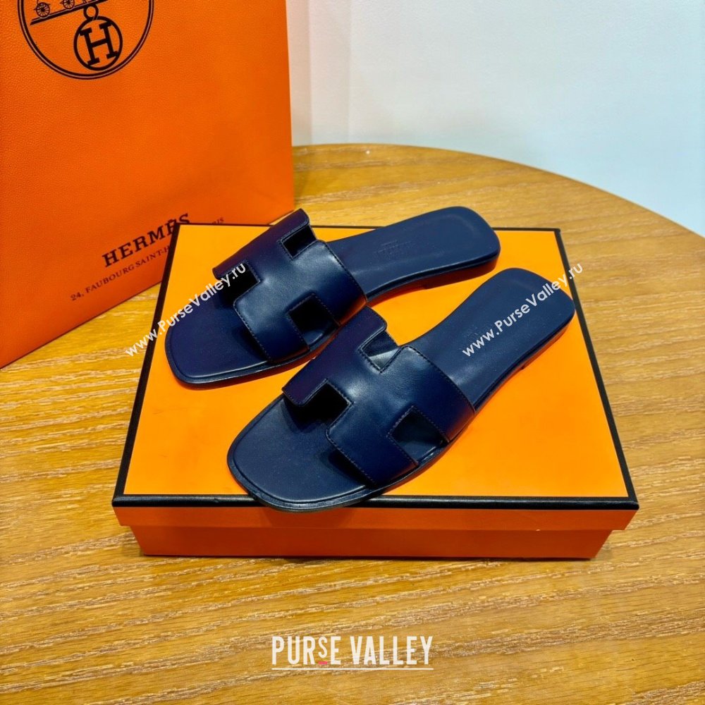 Hermes Oran Classic Swift Calfskin Flat Slide Sandals Deep Blue 2024(Handmade) (MDU-24062616)