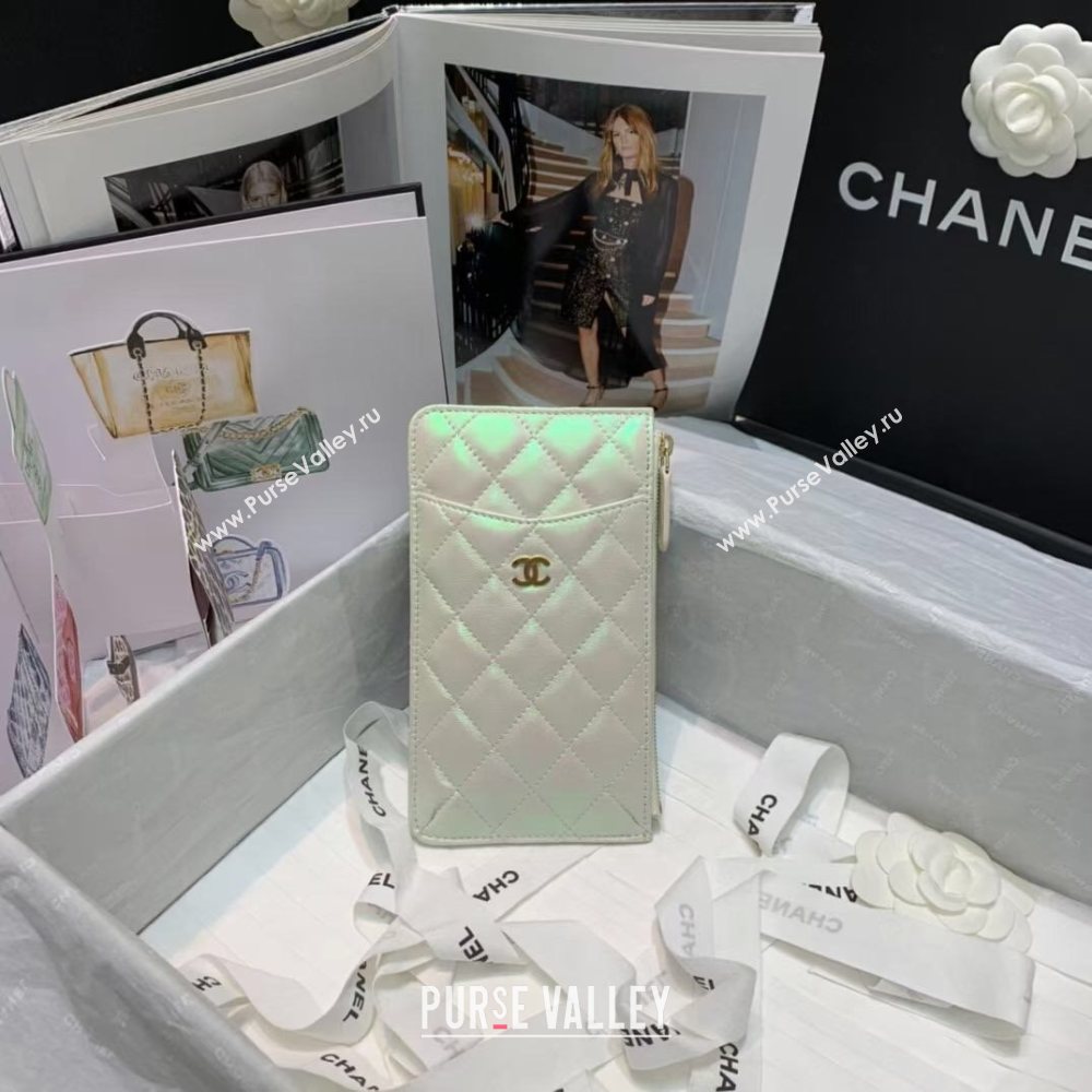 Chanel Quilted Iridescent Lambskin Phone & Card Holder Wallet White/Pink 2020 (JY-20112075)