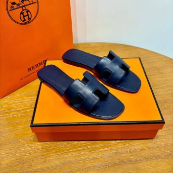 Hermes Oran Classic Swift Calfskin Flat Slide Sandals Deep Blue 2024(Handmade) (MDU-24062616)