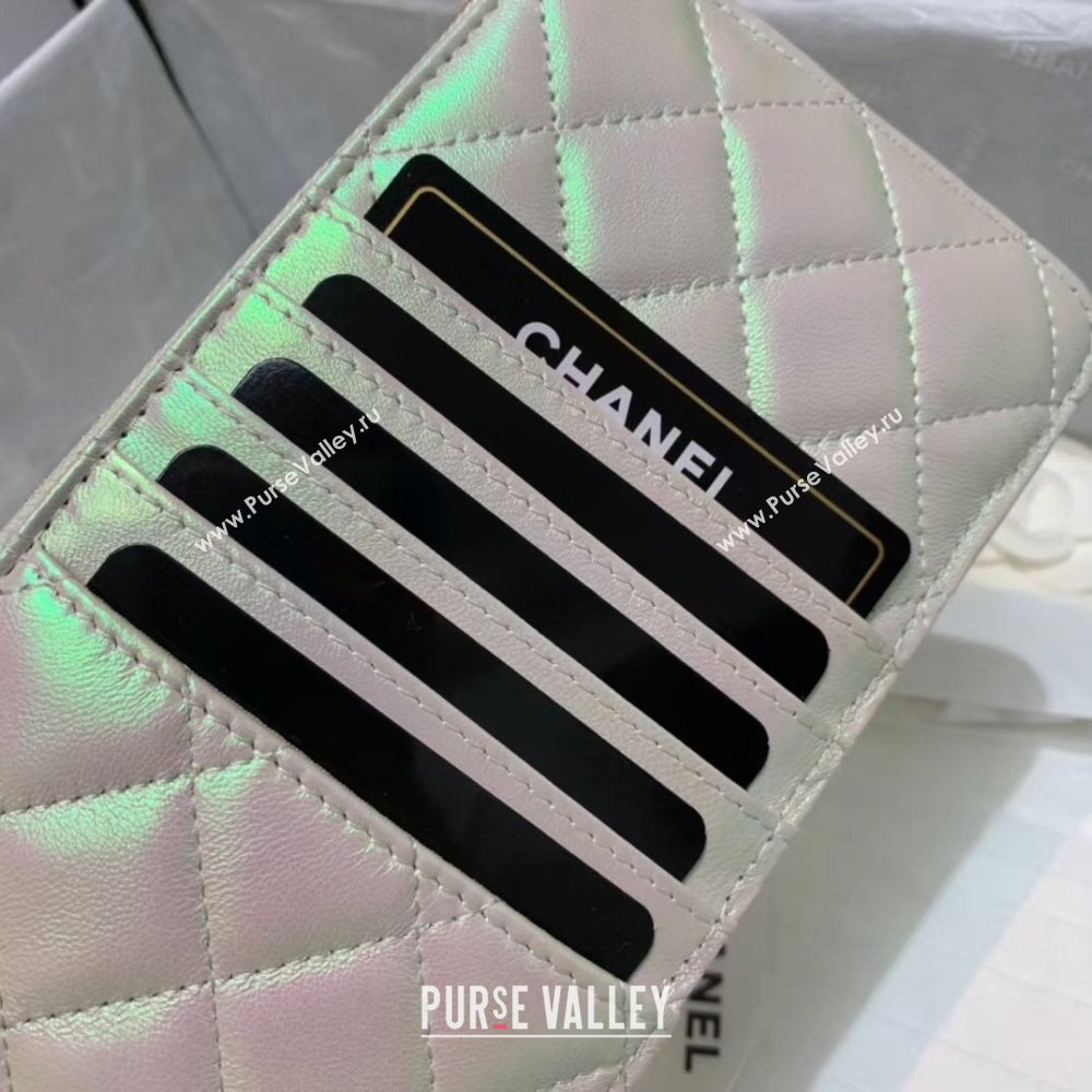 Chanel Quilted Iridescent Lambskin Phone & Card Holder Wallet White/Pink 2020 (JY-20112075)