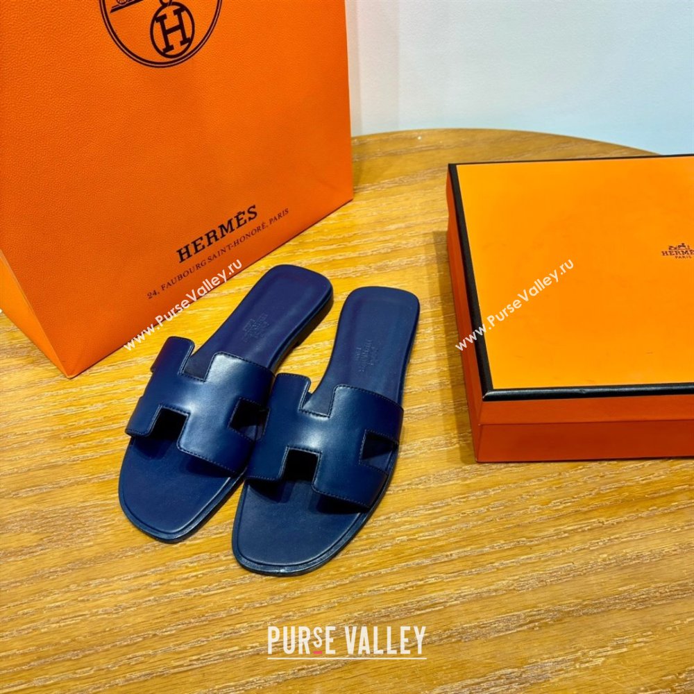 Hermes Oran Classic Swift Calfskin Flat Slide Sandals Deep Blue 2024(Handmade) (MDU-24062616)