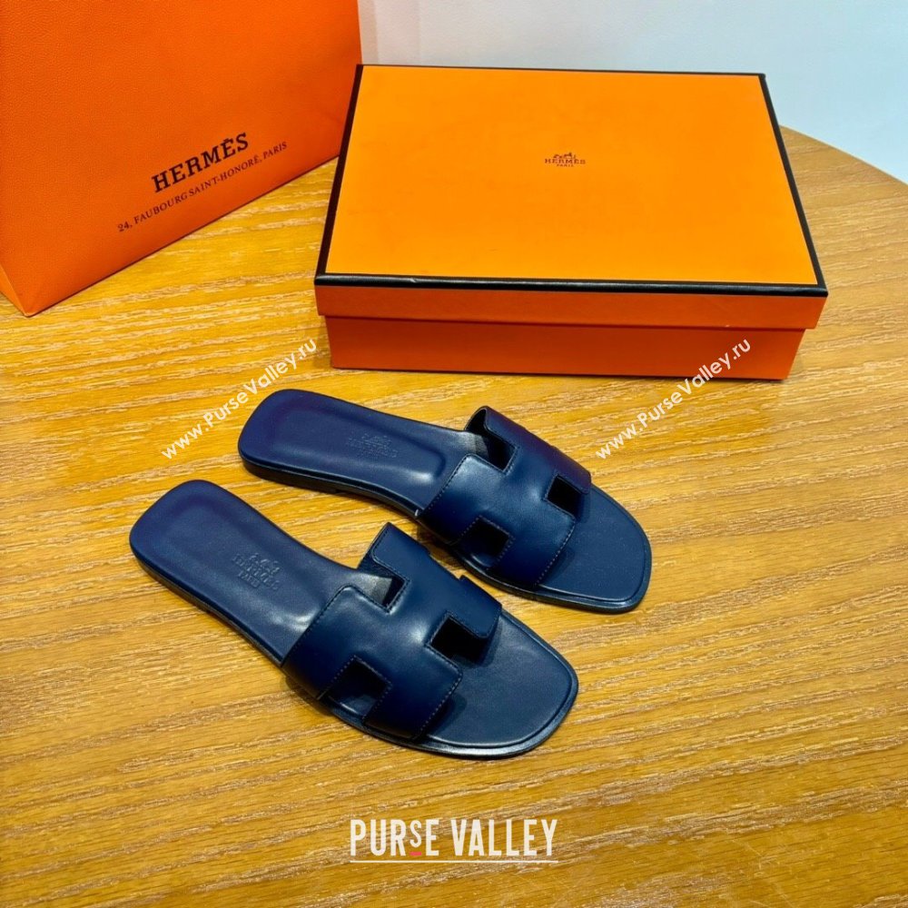 Hermes Oran Classic Swift Calfskin Flat Slide Sandals Deep Blue 2024(Handmade) (MDU-24062616)