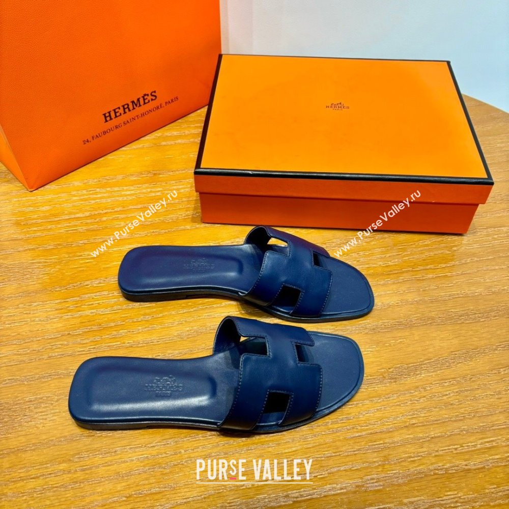 Hermes Oran Classic Swift Calfskin Flat Slide Sandals Deep Blue 2024(Handmade) (MDU-24062616)