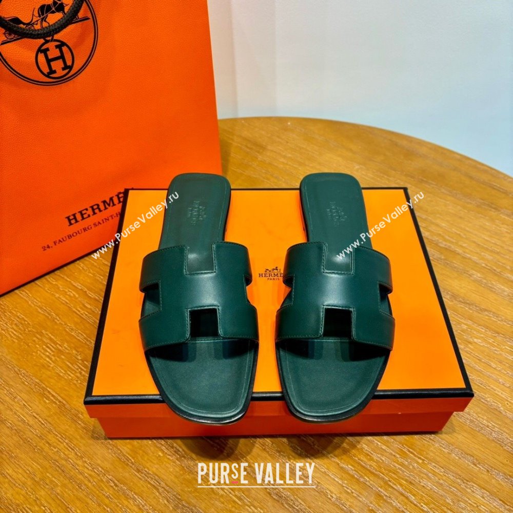 Hermes Oran Classic Swift Calfskin Flat Slide Sandals Green 2024(Handmade) (MDU-24062617)