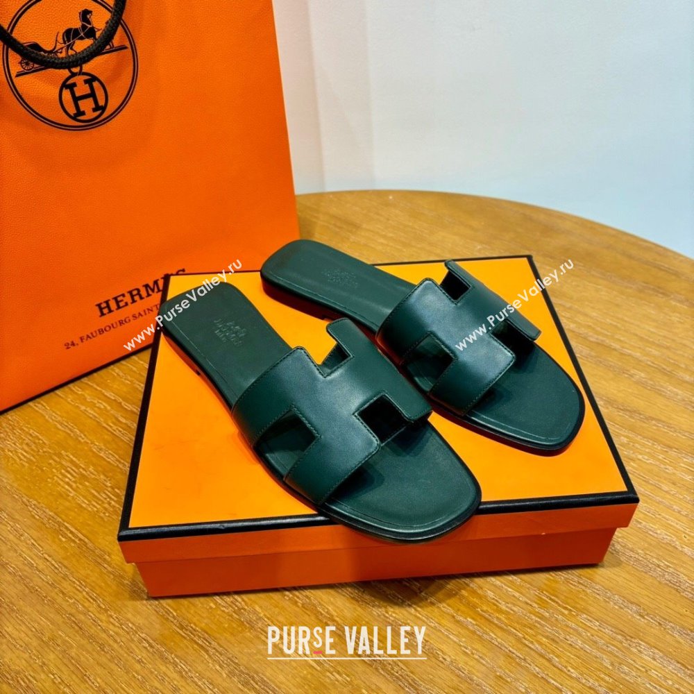 Hermes Oran Classic Swift Calfskin Flat Slide Sandals Green 2024(Handmade) (MDU-24062617)