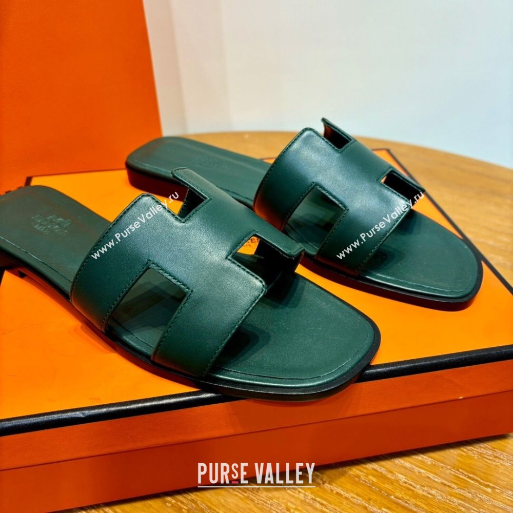 Hermes Oran Classic Swift Calfskin Flat Slide Sandals Green 2024(Handmade) (MDU-24062617)