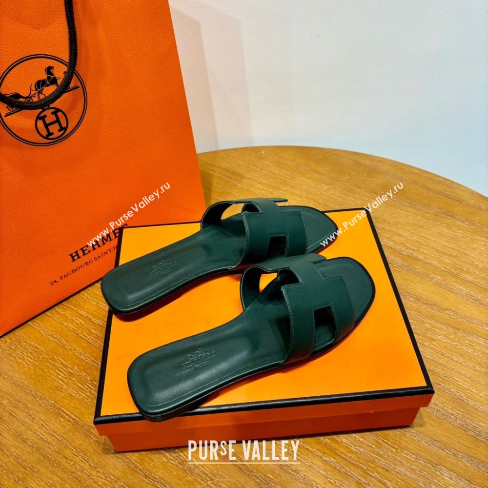 Hermes Oran Classic Swift Calfskin Flat Slide Sandals Green 2024(Handmade) (MDU-24062617)