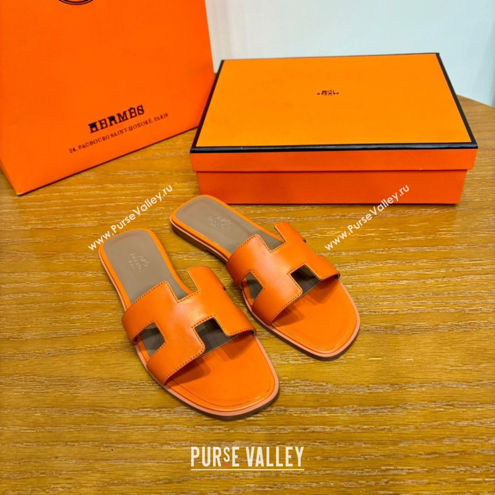 Hermes Oran Classic Swift Calfskin Flat Slide Sandals Tan/Orange 2024(Handmade) (MDU-24062618)