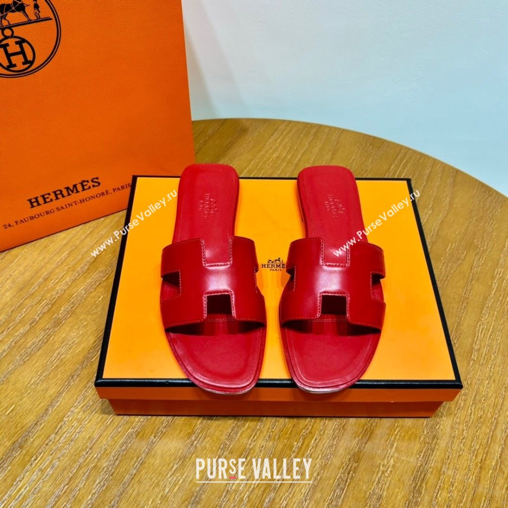 Hermes Oran Classic Swift Calfskin Flat Slide Sandals Red 2024(Handmade) (MDU-24062621)