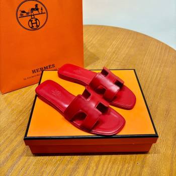 Hermes Oran Classic Swift Calfskin Flat Slide Sandals Red 2024(Handmade) (MDU-24062621)