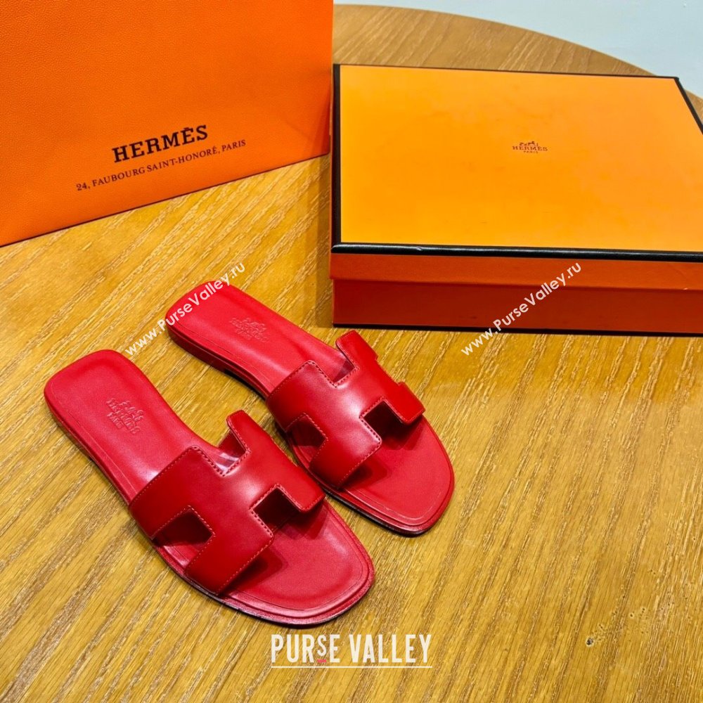 Hermes Oran Classic Swift Calfskin Flat Slide Sandals Red 2024(Handmade) (MDU-24062621)