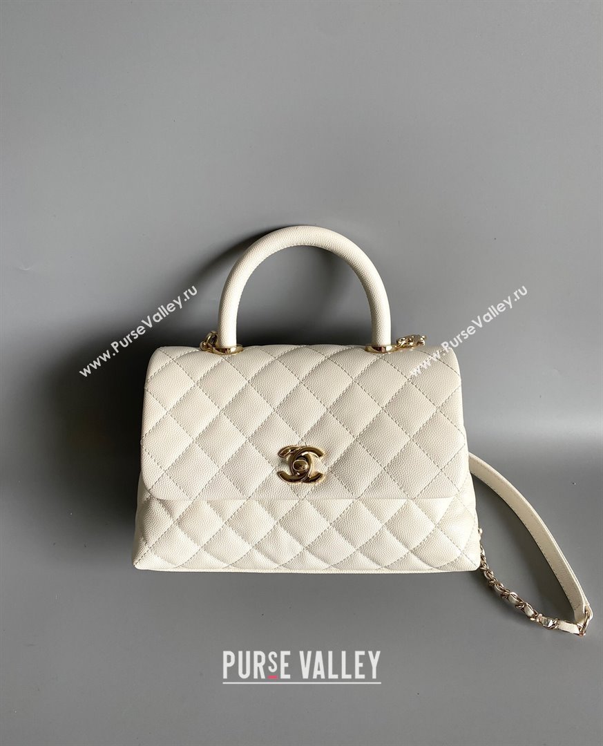 Chanel Quilted Grained Calfskin Small Flap Bag with Top Handle A92990 White/Gold 2024 (YUND-24012204)