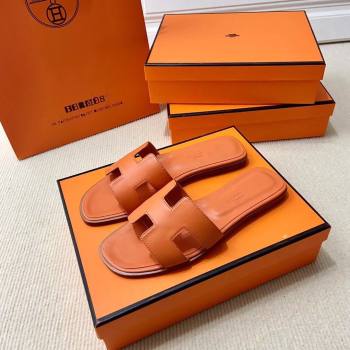 Hermes Oran Classic Swift Calfskin Flat Slide Sandals Orange 2024(Handmade) (MDU-24062619)