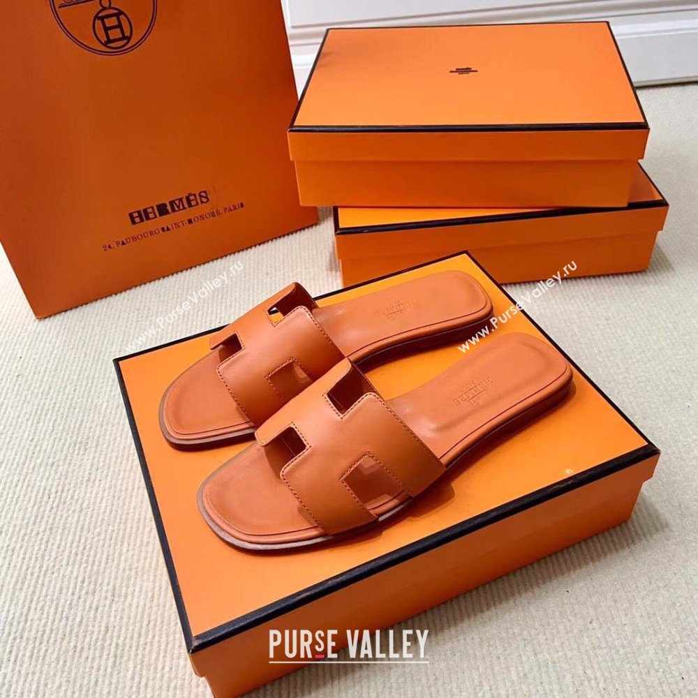 Hermes Oran Classic Swift Calfskin Flat Slide Sandals Orange 2024(Handmade) (MDU-24062619)