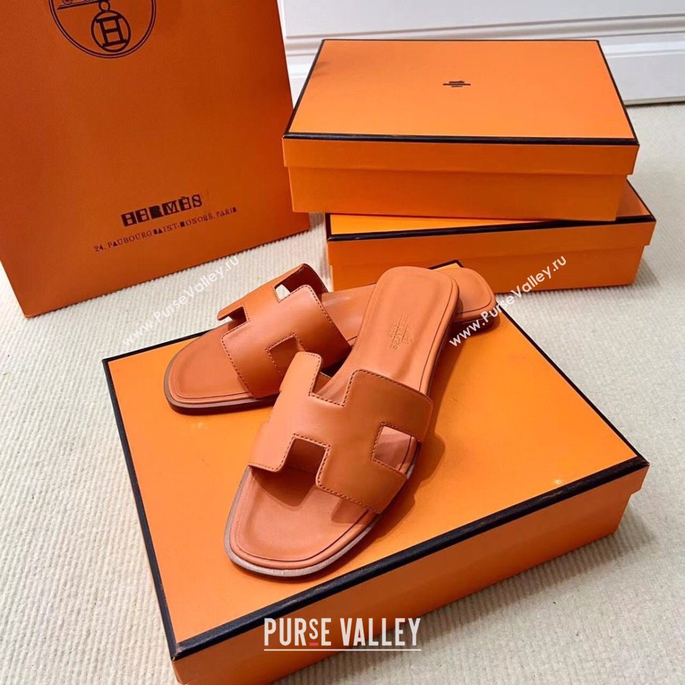 Hermes Oran Classic Swift Calfskin Flat Slide Sandals Orange 2024(Handmade) (MDU-24062619)