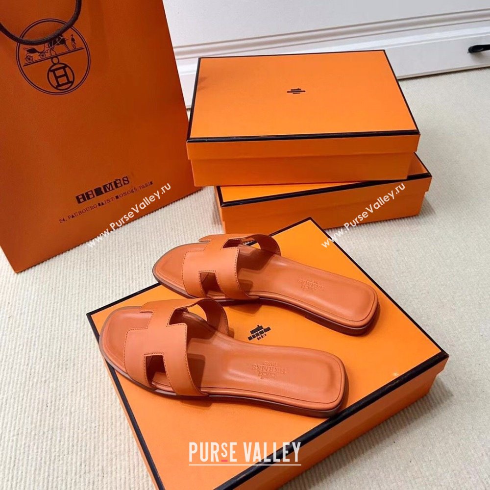 Hermes Oran Classic Swift Calfskin Flat Slide Sandals Orange 2024(Handmade) (MDU-24062619)