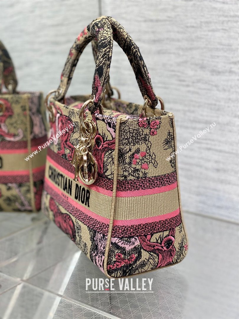 Medium Dioriviera Lady D-Lite Bag in Raffia with Candy Pink Toile de Jouy Sauvage Embroidery 2024 (XXG-24081403)