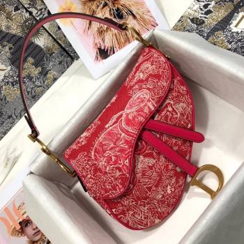 Dior Medium Saddle Bag in Raspberry Red Toile de Jouy Reverse Jacquard Embroidery M0446 (BF-21080339)