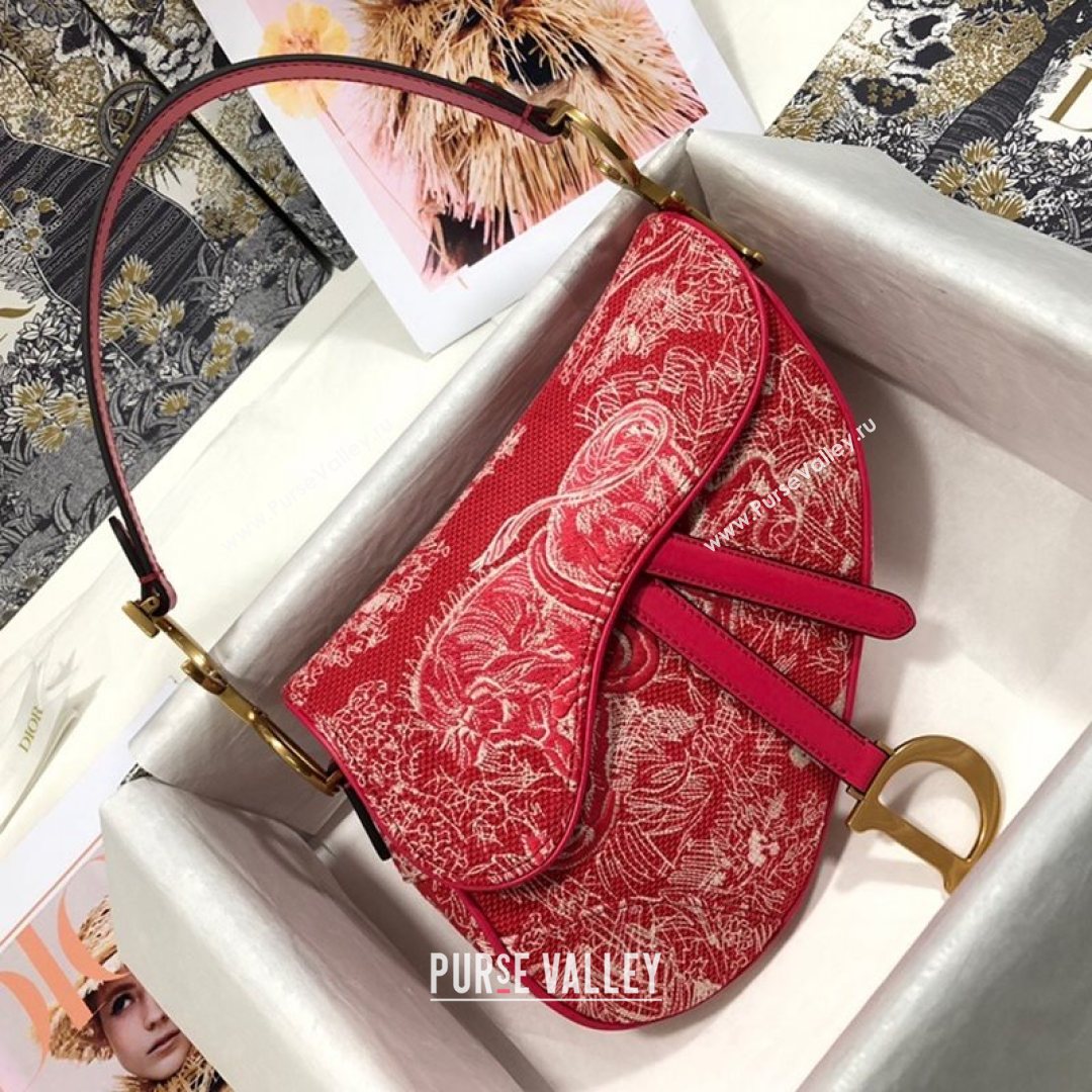 Dior Medium Saddle Bag in Raspberry Red Toile de Jouy Reverse Jacquard Embroidery M0446  (BF-21080339)