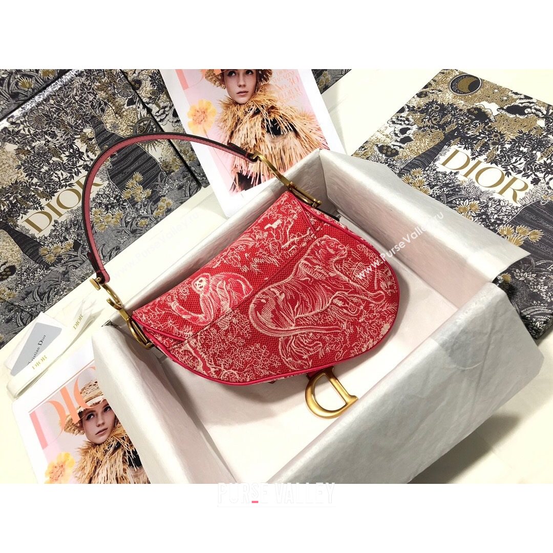 Dior Medium Saddle Bag in Raspberry Red Toile de Jouy Reverse Jacquard Embroidery M0446  (BF-21080339)