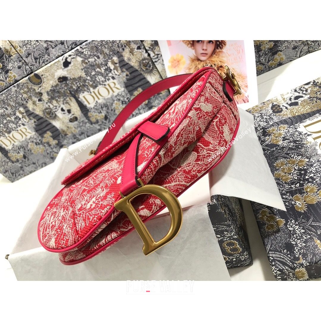 Dior Medium Saddle Bag in Raspberry Red Toile de Jouy Reverse Jacquard Embroidery M0446  (BF-21080339)