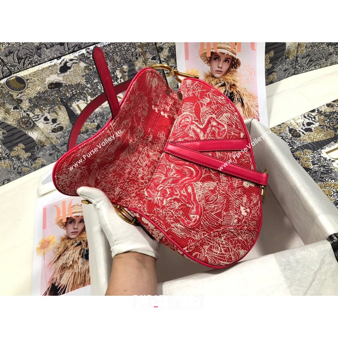 Dior Medium Saddle Bag in Raspberry Red Toile de Jouy Reverse Jacquard Embroidery M0446  (BF-21080339)