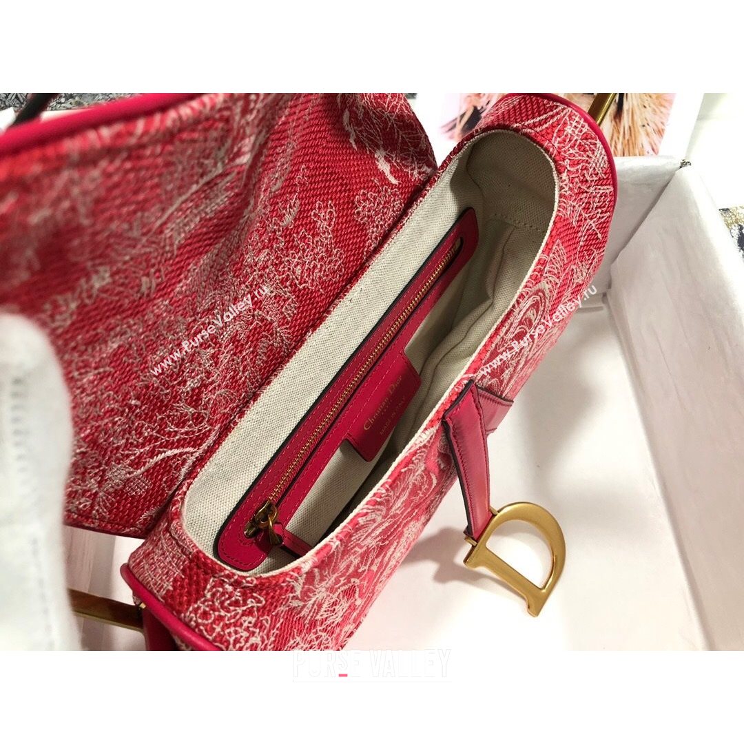 Dior Medium Saddle Bag in Raspberry Red Toile de Jouy Reverse Jacquard Embroidery M0446  (BF-21080339)