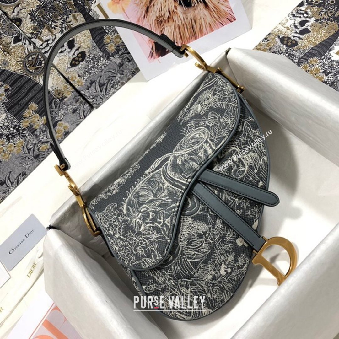 Dior Medium Saddle Bag in Grey Toile de Jouy Reverse Jacquard Embroidery M0446  (BF-21080338)