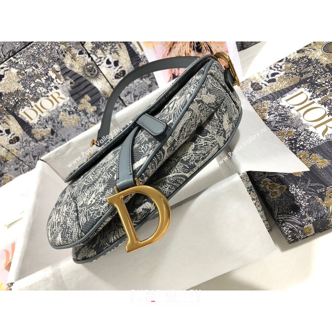 Dior Medium Saddle Bag in Grey Toile de Jouy Reverse Jacquard Embroidery M0446  (BF-21080338)