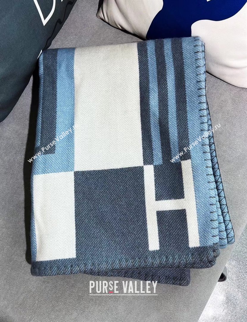 Hermes Cashmere  Wool Ithaque Blanket H62704 Blue/Grey 2024 (SHY-24062704)