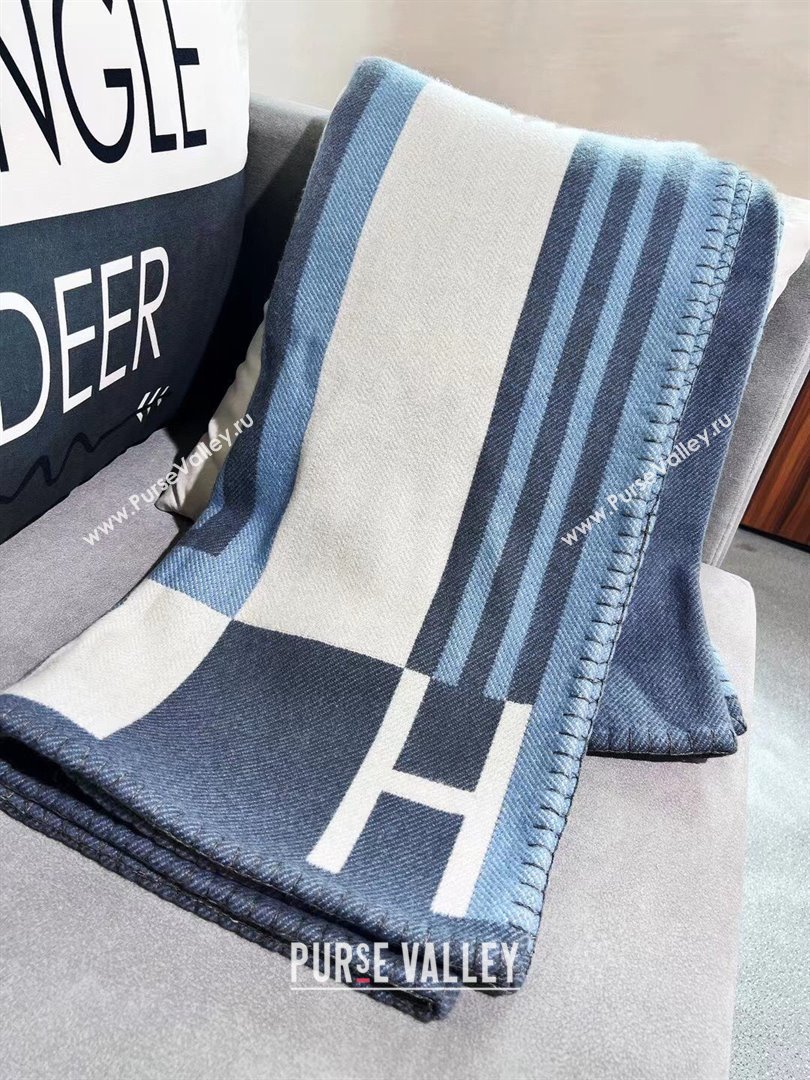 Hermes Cashmere  Wool Ithaque Blanket H62704 Blue/Grey 2024 (SHY-24062704)