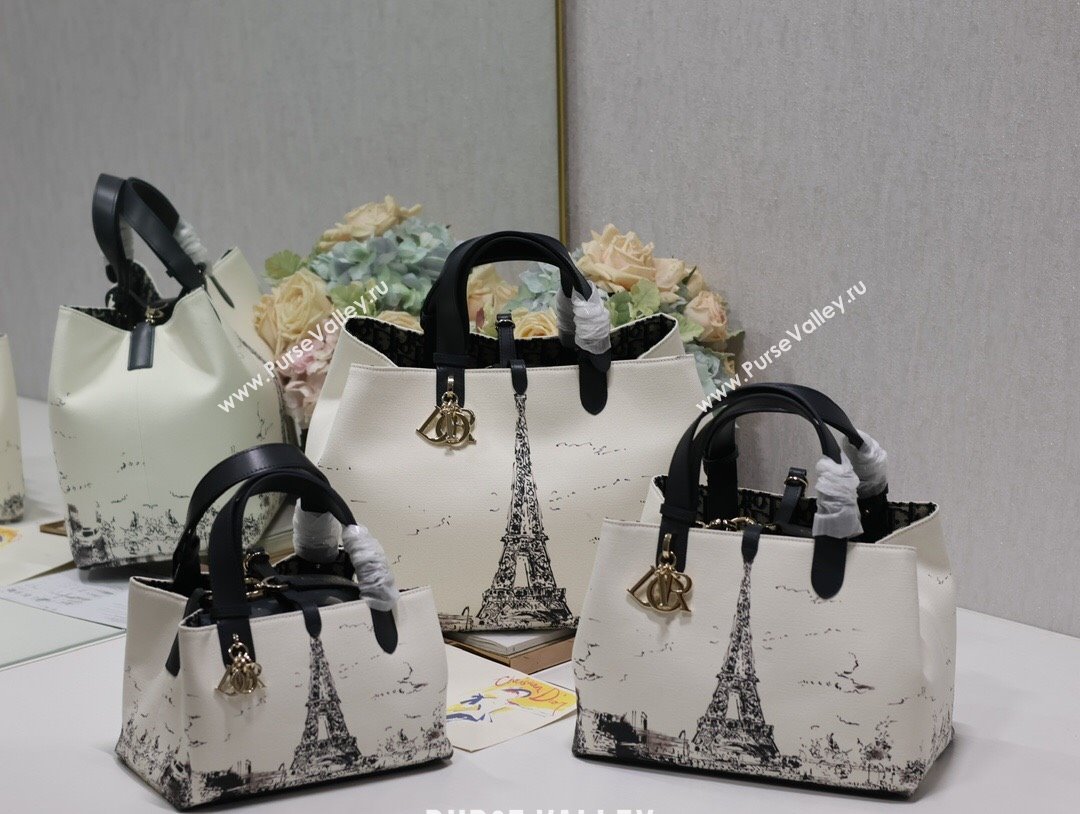 Dior Medium Dior Toujours Bag in White and Black Fabric with Paris Print 1188 2024 (XXG-24081522)