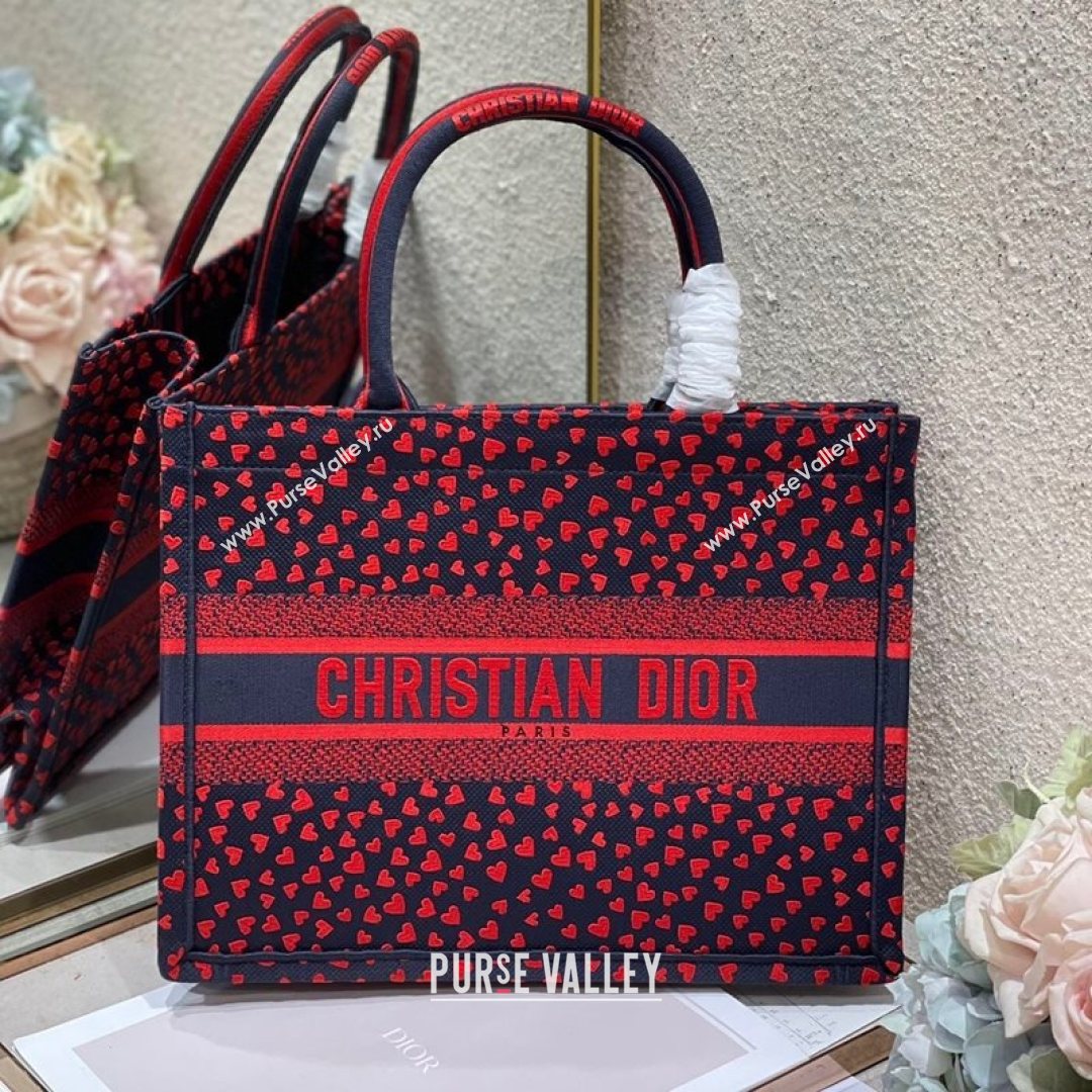 Dior Small Book Tote Bag in Navy Blue I Love Paris and Red Hearts Embroidery 2021 (XXG-21080343)