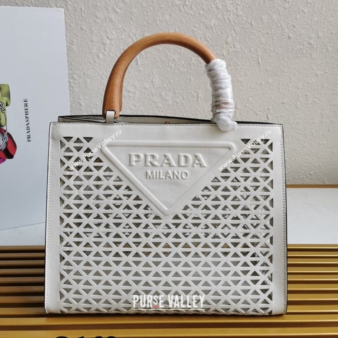 Prada Drill Cutout Calfskin Wood Tote Bag 1BG405 White 2021 (YZ-21080347)