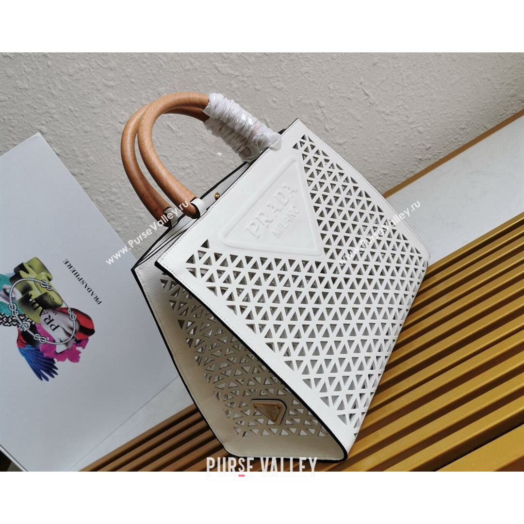 Prada Drill Cutout Calfskin Wood Tote Bag 1BG405 White 2021 (YZ-21080347)