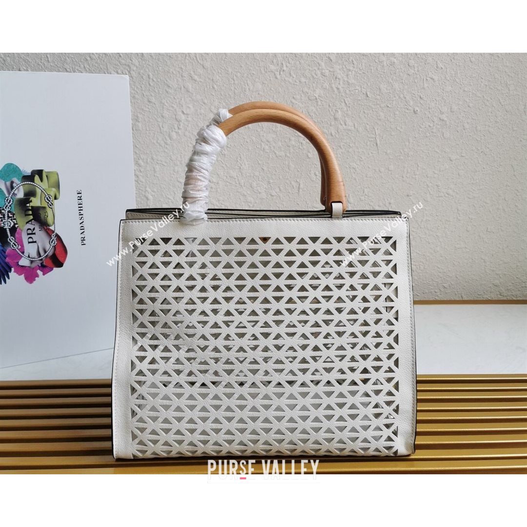 Prada Drill Cutout Calfskin Wood Tote Bag 1BG405 White 2021 (YZ-21080347)