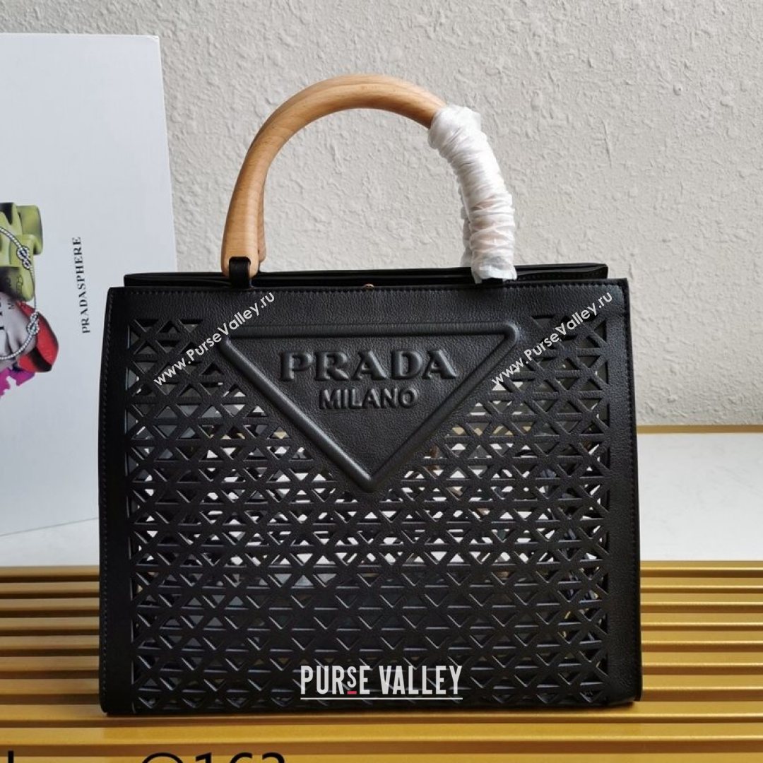 Prada Drill Cutout Calfskin Wood Tote Bag 1BG405 Black 2021 (YZ-21080346)